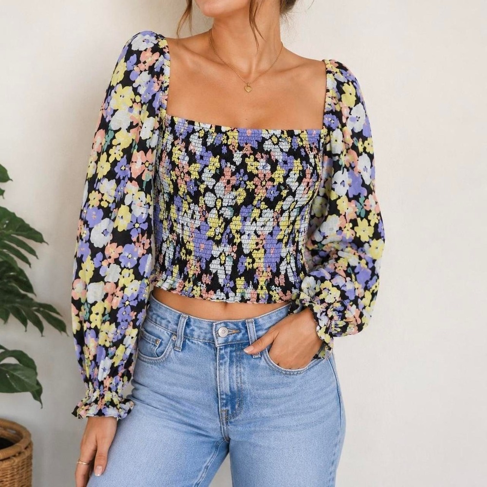 Free People Floral Smocked Long Sleeve Peasant Multicolor Large Boho Cottagecore